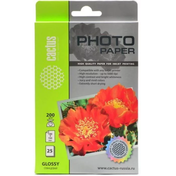Фотобумага Cactus CS-GA620025 10x15/200г/м2/25л./белый глянцевое для струйной печати