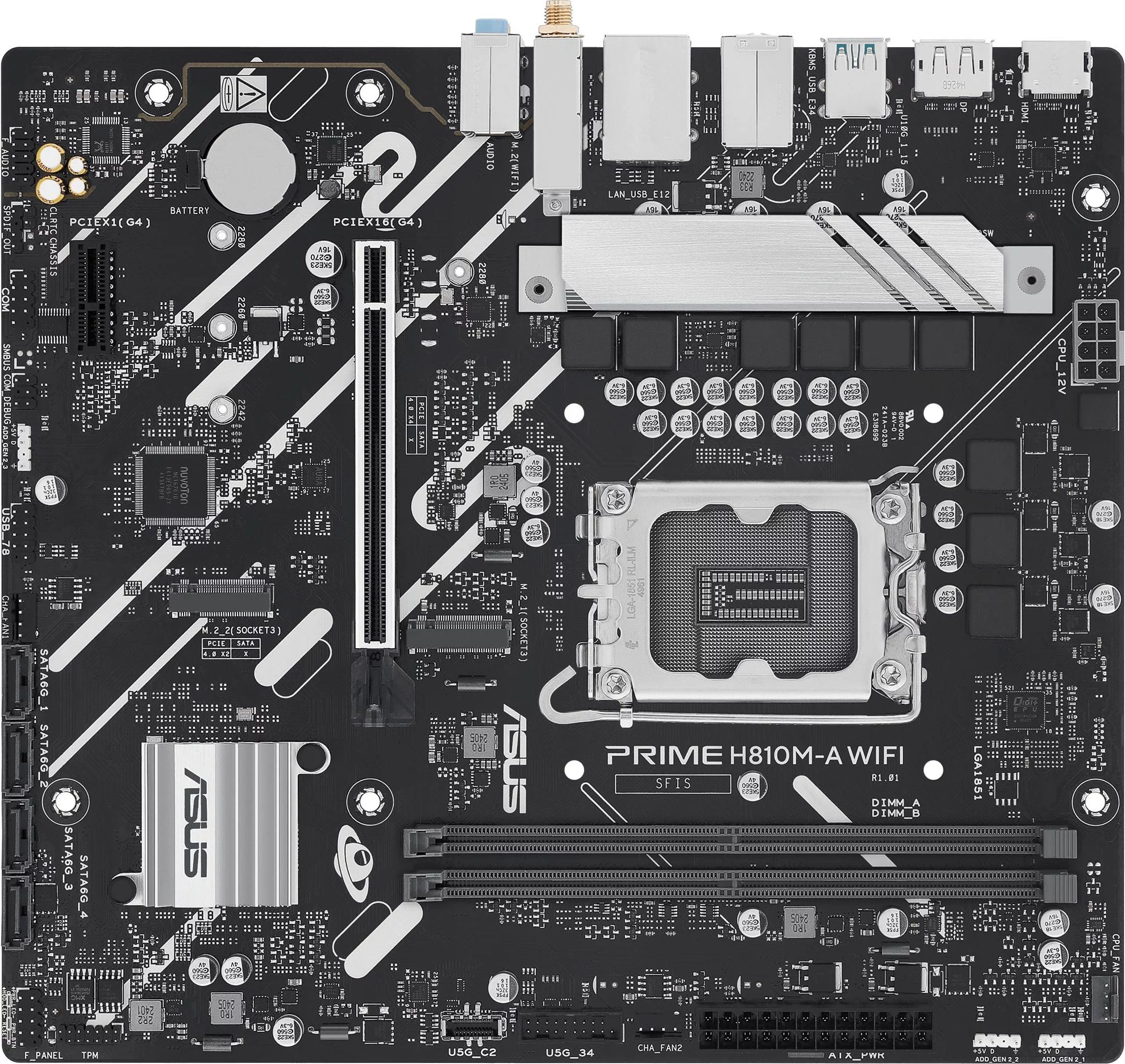Материнская плата ASUS PRIME H810M-A WIFI, LGA1851, B810, 2*DDR5, 4*SATA, 2*M.2, 2*USB 3.2, 4*USB 2.0, 1*PCIx16, 1*PCIx1, HDMI+DP, mATX; 90MB1KJ0-M0EAY0