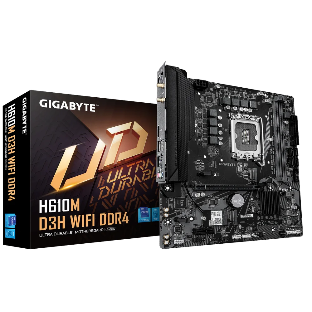 Материнская плата Gigabyte H610M D3H WIFI DDR4 H610, LGA1700, 2*DDR4, 1*PCIEx16, 1*PCIEx1, 2*M.2 4*USB3.2Gen1, 8*USB2.0, 4*SATA3.0, 1G, HDMI, M-ATX, RTL