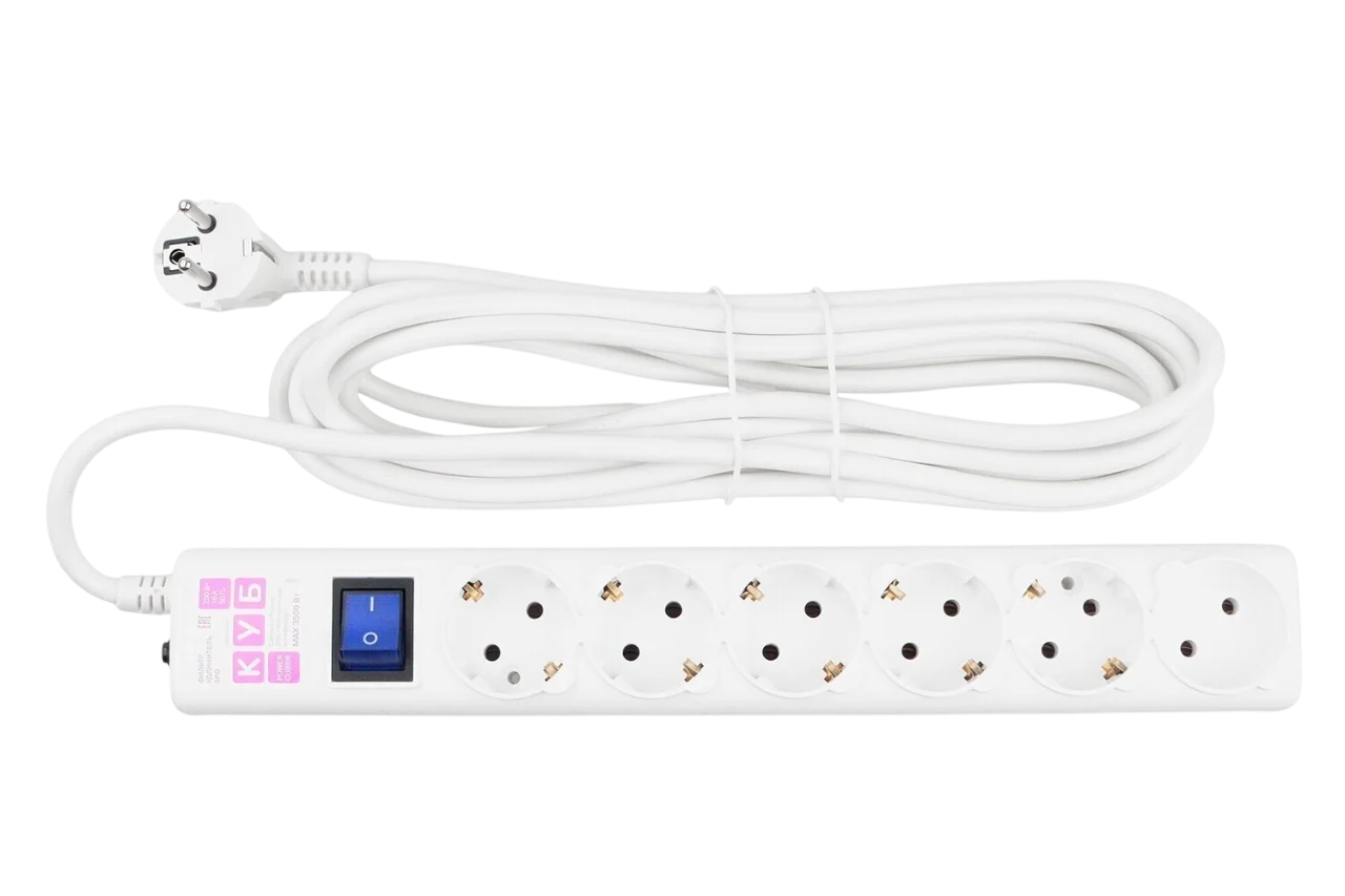 Power Cube сетевой фильтр, 5 метров, 6 розеток (5 с заземлением + 1 без заземления), 16А/3,5кВт, cечение провода: 3х1,5мм2, цвет белый, гарантия 4 год? (SPG6-A2)