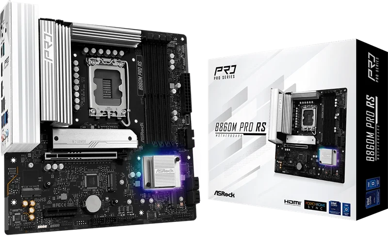 Материнская плата ASROCK B860M PRO RS, LGA1851, B860, 4*DDR5, 4*SATA, 4*M.2, 6*USB 3.2, 2*USB 2.0, Type-C, 2*PCIx16, 1*M.2 (Key E), HDMI+DP, mATX