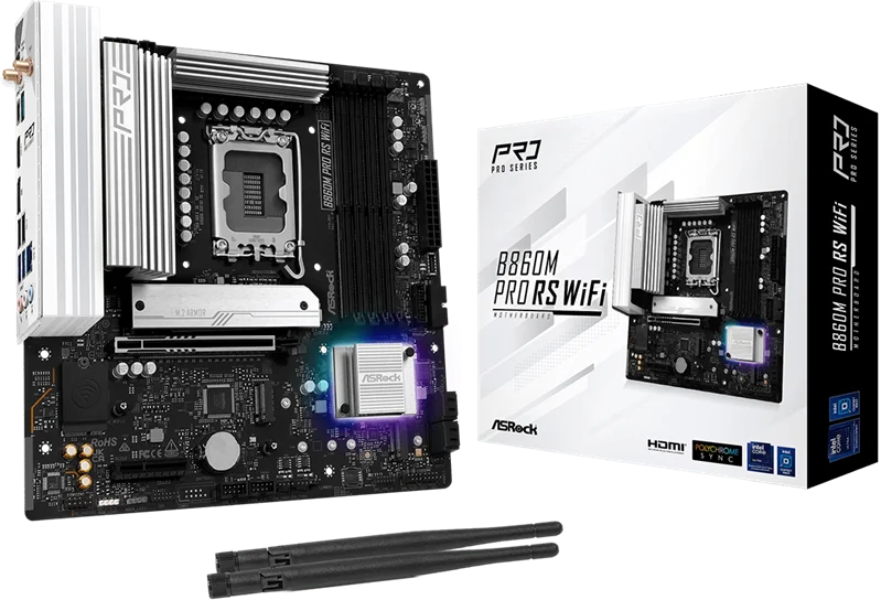 Материнская плата ASROCK B860M PRO RS WIFI, LGA1851, B860, 4*DDR5, 4*SATA, 4*M.2, 6*USB 3.2, 2*USB 2.0, Type-C, 2*PCIx16, 1*M.2 (Key E), HDMI+DP, mATX