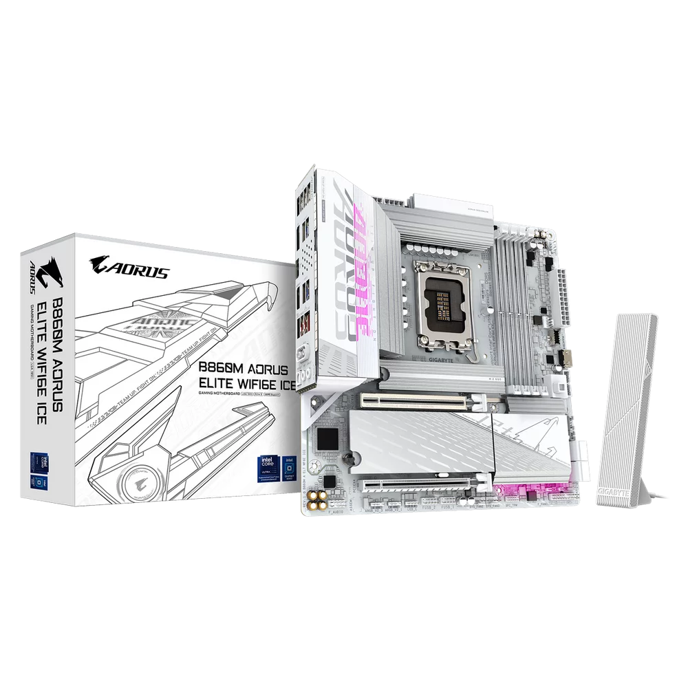 Материнская плата Gigabyte Bad Pack B860M AORUS ELITE WIFI6E ICE, Socket 1851, Intel®B860, 4xDDR5-6400, HDMI+DP, 2xPCI-Ex16, 4xSATA3(RAID 0/ 1/ 5/ 10), 3xM.2, 8Ch Audio, 1x2.5GbLan, WiFi, (4+4)xUSB2.0 (B860M AORUS ELITE WIFI6E ICE||BP)