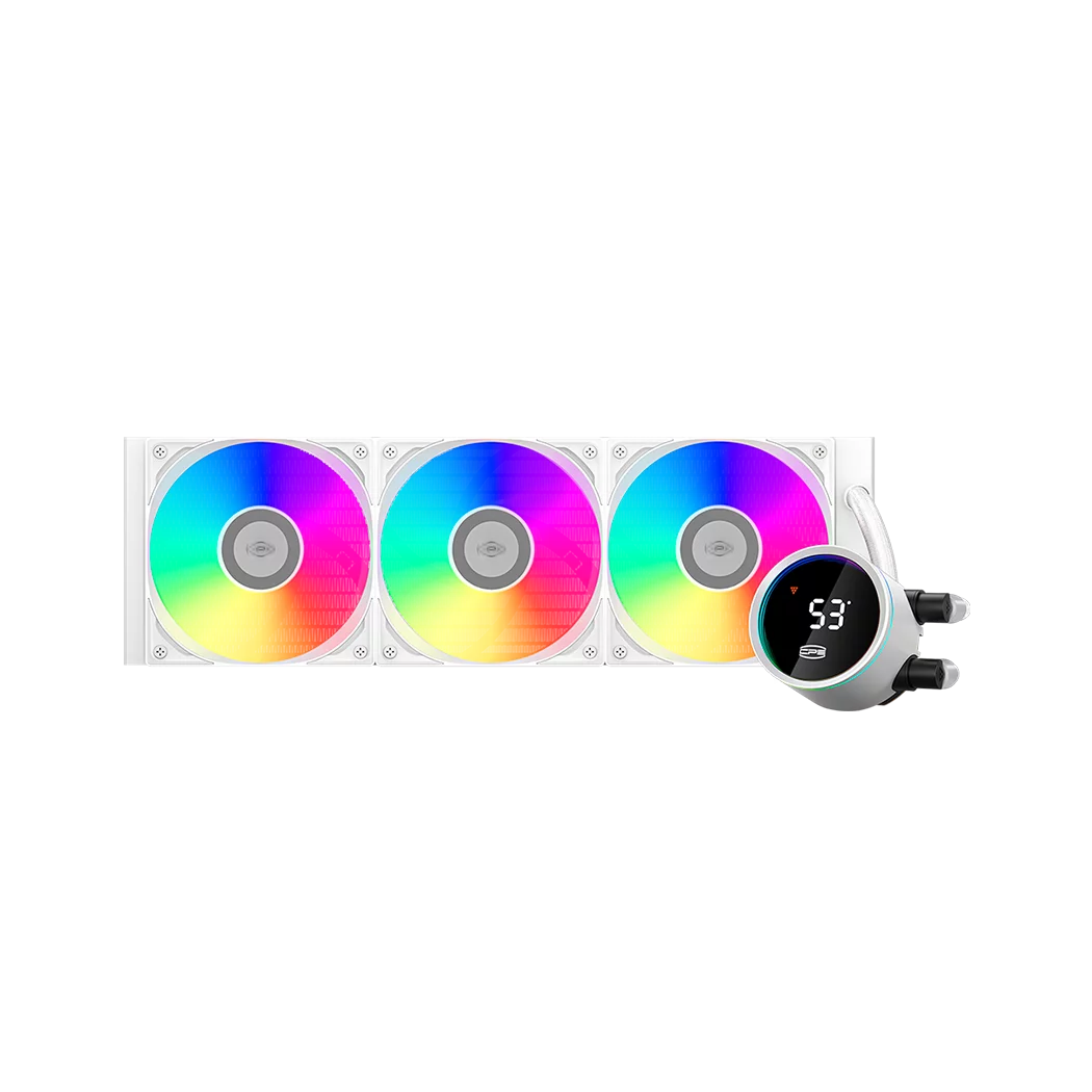 Система охлаждения/ Water Cooling System PCCooler DA360 Pro ARGB Digital WH (300W, 360mm, LED temp., White, ARGB/ Fans: 3x120mm, 75.8CFM, 33.7dBA, 2200RPM/ Pump height 57mm, 28dBA, 3000RPM, Rad thickn