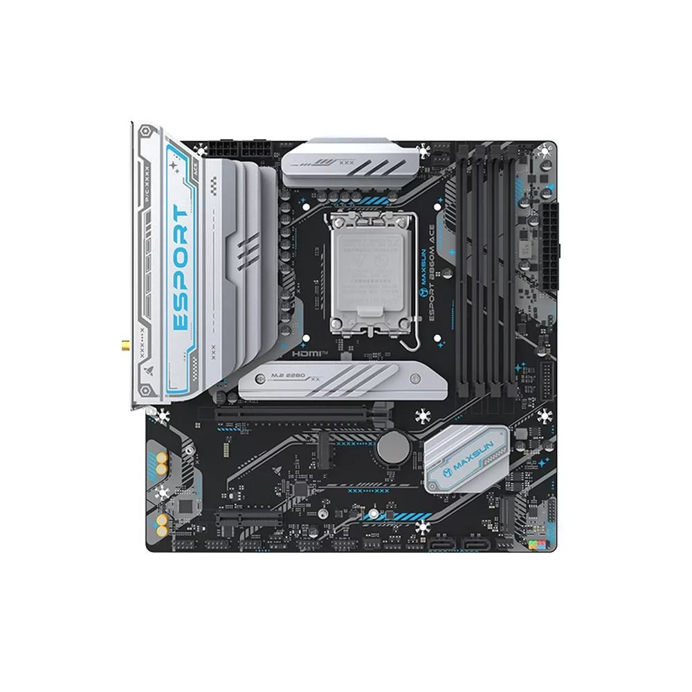 Материнская плата Maxsun MS-eSport B860M WIFI ACE B860, LGA1851, 4*DDR5, 1*PCIEx16, 1*PCIEx4, 3*M.2, 7*USB3.2Gen1, 7*USB2.0, 2*SATA3.0, 2.5G, Type-C(DP), DP, HDMI, M-ATX, RTL (6940709661772)