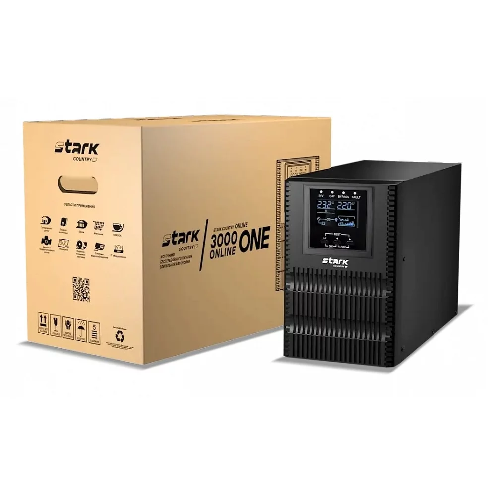 STARK SC 3000 ONLINE ONE ИБП 3000 ВА/3000 Вт {Online, Напольный, 110-300В, 3 х ЕВРО, Smart-slot, USB, RS232, EPO, БЕЗ АКБ - внешние батареи 8 шт от 4,5Ач до 240 Ач}