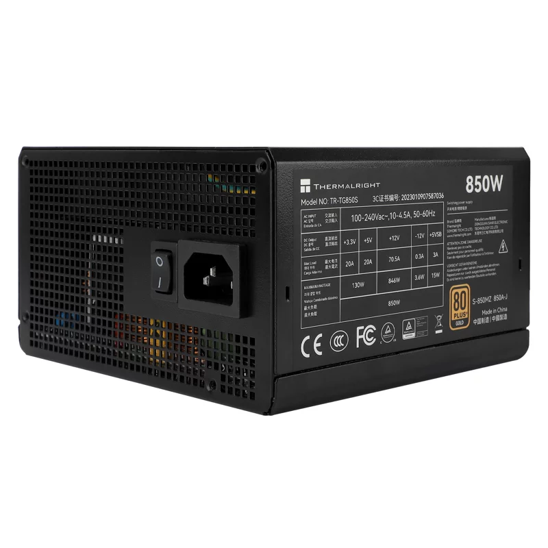 Блок питания ПК/ Power Supply Thermalright, 850W 80+ Gold (ATX, 3.0, PCIe 5.0, Non-modular, 1x24(20+4)pin, 1xCPU 8(4+4)pin, 2xPCIe*2 8(6+2)pin, 5xSATA3, 1x12+4pin (12VHPWR PCIe 5.0 12+4pin 600mm), 3xMOLEX4pin, Active, 120x120m (TR-TG 850S)