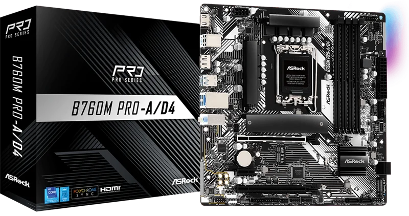 Материнская плата ASROCK B760M PRO-A/D4, LGA1700, B760, 4*DDR4, 4*SATA, 2*M.2, 3*USB 3.2, 2*USB 2.0, Type-C, 2*PCIx16, 1*PCIx1, 1*M.2 (Key E), HDMI+DP, mATX