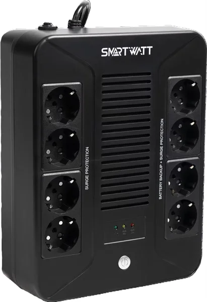 Источник бесперебойного питания SMARTWATT ИБП линейно-интерактивный, мощность 600/ 360 ВА/ Вт, напольный/ настенный, LED индикация, Shuko CEE7/ 4 - 8 шт. (4 шт. с резервным питанием, 4 шт. - сетевой фильтр), встроенные АКБ (UPS SAFE PRO 600)