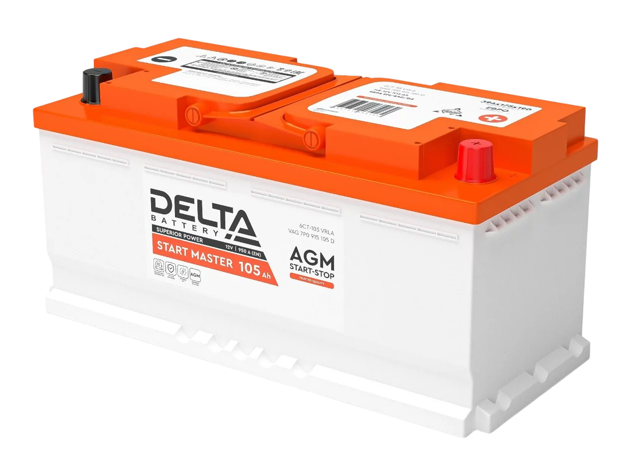Аккумуляторная батарея для автомобилей/ DELTA серия START MASTER, DELTA START MASTER 105 Ah AGM, напряжение 12В, емкость 105 Ач (разряд 20 часов; 10.5В), пусковой ток: 950А, полярность обратная ( - +