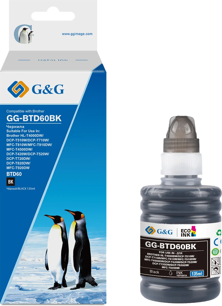 Чернила G&G GG-BTD60BK черный135мл для Brother HL-T4000DW/ DCP-T510W/ DCP-T710W/ MFC-T810W