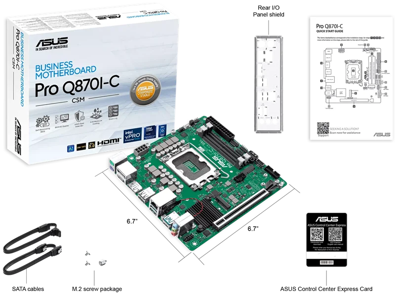 Материнская плата ASUS PRO Q870I-C-CSM, LGA1851, Q870, 2*DDR5, 2*SATA, 1*M.2, 3*USB 3.2, 2*USB 2.0, Type-C, 2*PCIx16, 2*DP+HDMI, mATX; 90MB1MPP-M0EAYC