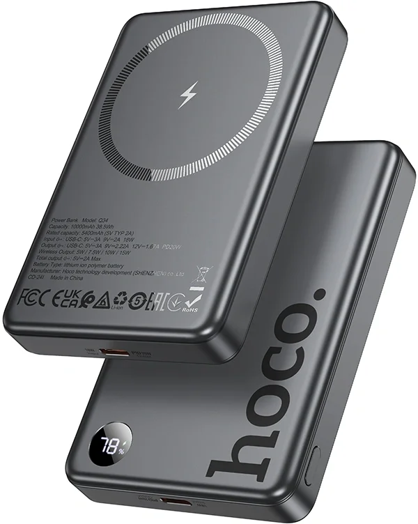 Мобильный аккумулятор Hoco Q34 Clever 10000mAh QC3.0/PD3.0 20W 3A беспров.зар. серый (44068)