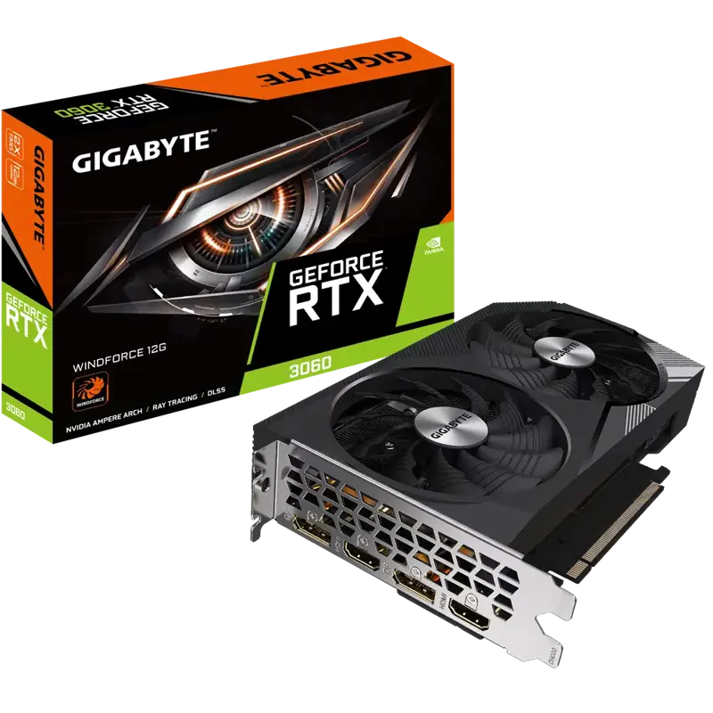 Видеокарта/ VGA GIGABYTE NVIDIA GeForce RTX 3060 WINDFORCE 12G REV1.0 12GB, GDDR6/192-bit, PCIe 4.0, 2xHDMI 2.1, 2xDP, 2-slot (GV-N3060WF2-12GD)