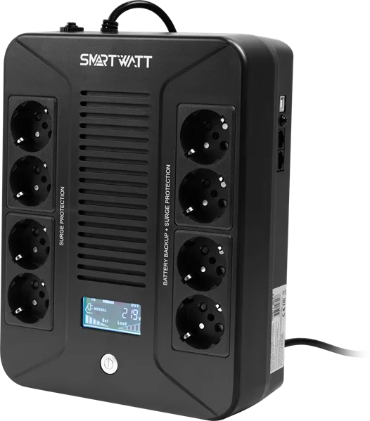 Источник бесперебойного питания SMARTWATT ИБП линейно-интерактивный, мощность 600/ 360 ВА/ Вт, напольный/ настенный, LCD дисплей, Shuko CEE7/ 4 - 8 шт. (4 шт. с резервным питанием, 4 шт. - сетевой фильтр), встроенные АКБ (UPS SAFE PRO LCD 600)