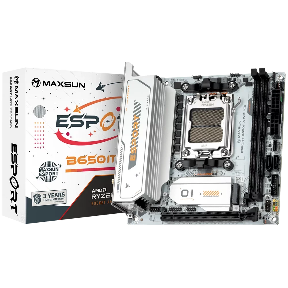 Материнская плата Maxsun MS-eSport B650ITX WIFI ICE B650, AM5, 2*DDR5, 1*PCIEx16, 1*PCIEx1, 2*M.2, 6*USB3.2Gen1, 4*USB2.0, 2*SATA3.0, 2.5G, DP, HDMI, Mini-ATX, RTL (6940709661185)