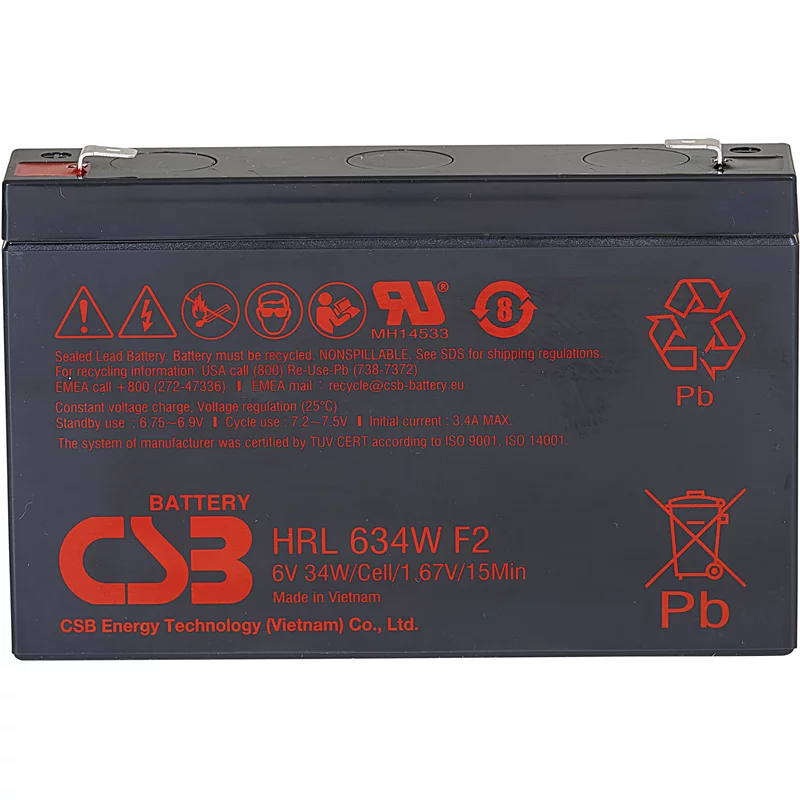Батарея CSB серия HRL, HRL634W F2 FR, напряжение 6В, емкость 8.5Ач (разряд 20 часов), 34 Вт/Эл при 15-мин. разряде до U кон. - 1.67 В/Эл при 25 °С, макс. ток разряда (5 сек.) 130А, ток короткого замыкания 380А, макс. ток заряда 3.4A, свинцово-кислотная ти