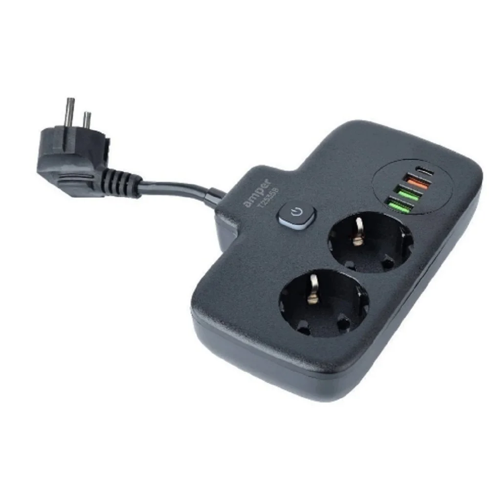 Amper сетевой удлинитель, 0,2м, 2 розетки, 3*0,75мм, 10А, 2500 Вт, 3usb, 1Type-C, 1кн, черный. (T2535B)