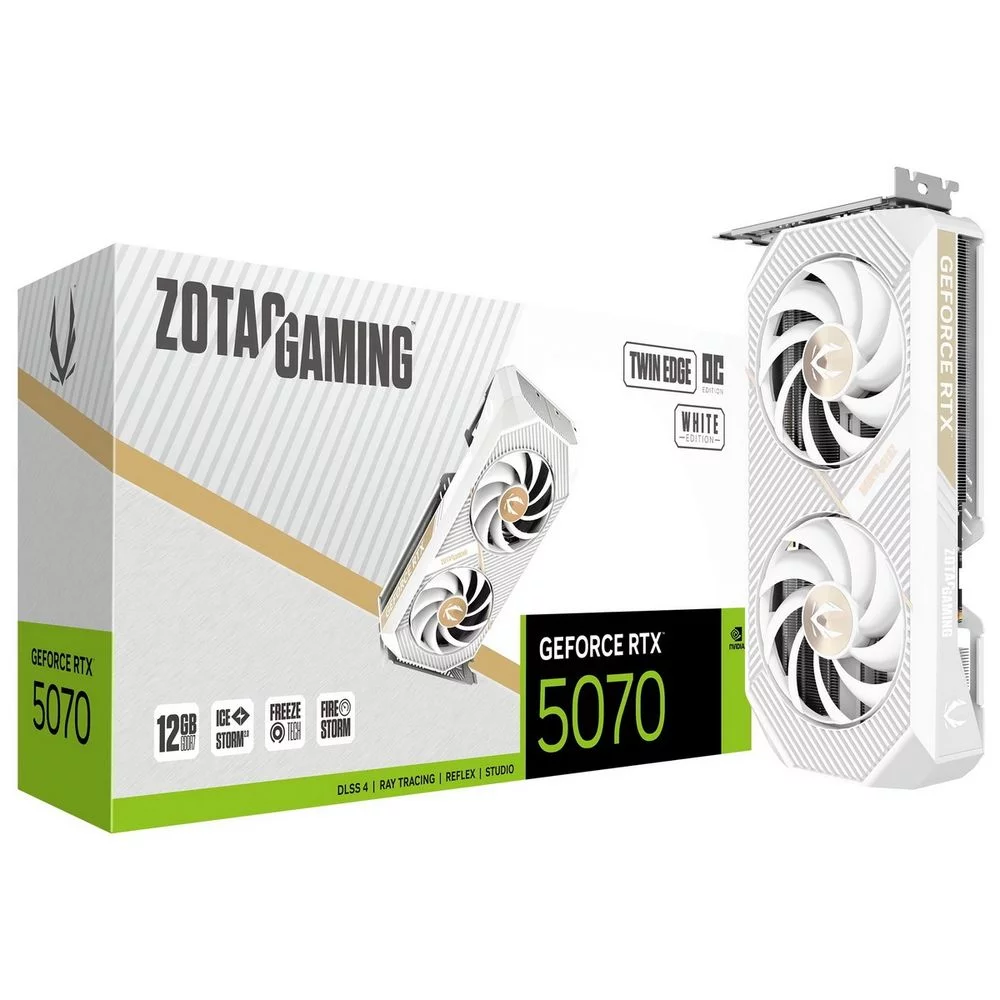 Видеокарта Zotac RTX5070 TWIN EDGE OC WHITE ED 12GB GDDR7 192bit 3xDP HDMI 2FAN PREMIUM PACK (ZT-B50700Q-10P)