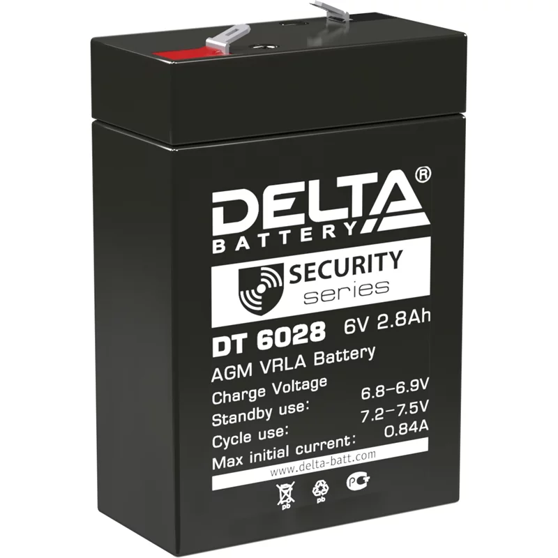 Батарея DELTA серия DT, DT 6028, напряжение 6В, емкость 2.8Ач (разряд 20 часов), макс. ток разряда (5 сек.) 48А, макс. ток заряда 0.84А, свинцово-кислотная типа AGM, клеммы F1, ДxШxВ 66х33х97мм., вес 0.61кг., срок службы 5 лет./ Battery DELTA series DT,