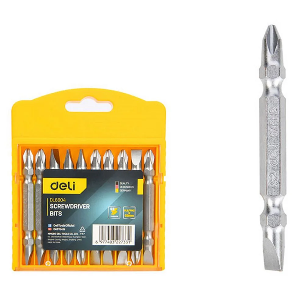 Набор двухсторонних бит 10 шт Deli DL6904 SL6/PH2*65мм, сталь S2 с твердостью 58-60HRC, пласт.кейс