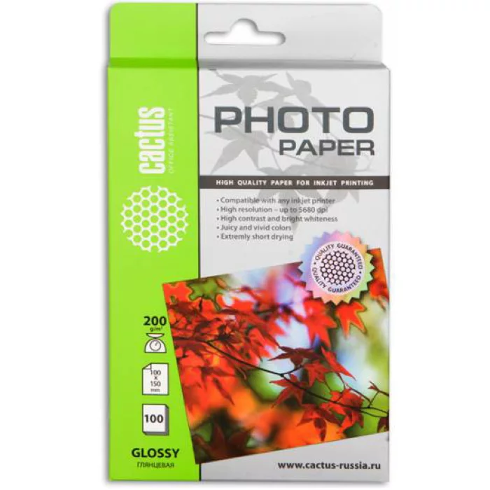 Фотобумага Cactus CS-GA6200100 10x15/200г/м2/100л./белый глянцевое для струйной печати