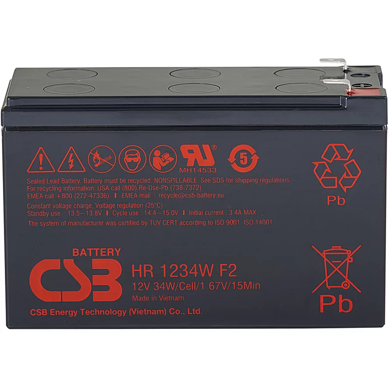 Батарея CSB серия HR, HR1234W F2, напряжение 12В, емкость 8.5Ач (разряд 20 часов), 34 Вт/Эл при 15-мин. разряде до U кон. - 1.67 В/Эл при 25 °С, макс. ток разряда (5 сек.) 130А, ток короткого замыкания 349А, макс. ток заряда 3.4A, свинцово-кислотная типа