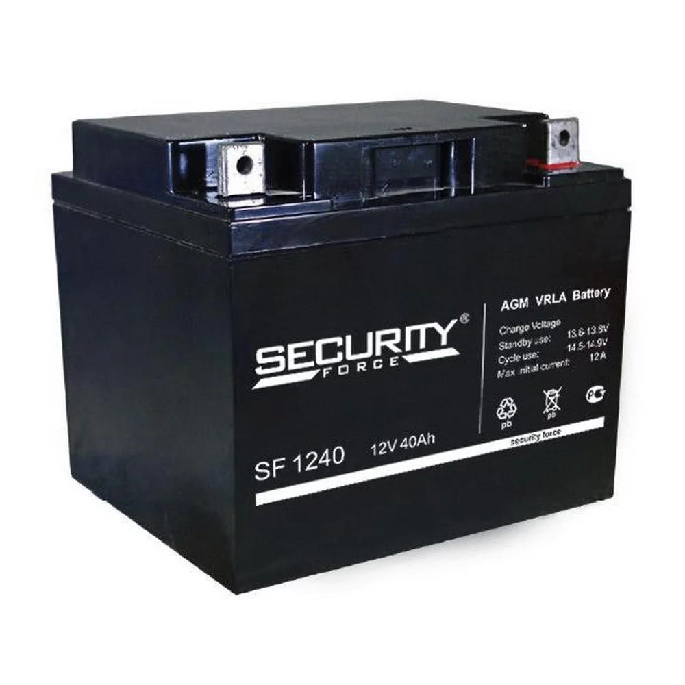 Батарея SECURITY FORCE серия SF, SF 1240, напряжение 12В, емкость 2.8Ач (разряд 20 часов), макс. ток разряда (5 сек.) 48А, макс. ток заряда 12А, свинцово-кислотная типа AGM, клеммы под гайку и болт M6, ДxШxВ 197х165х170мм., вес кг., срок службы 3-5 лет./
