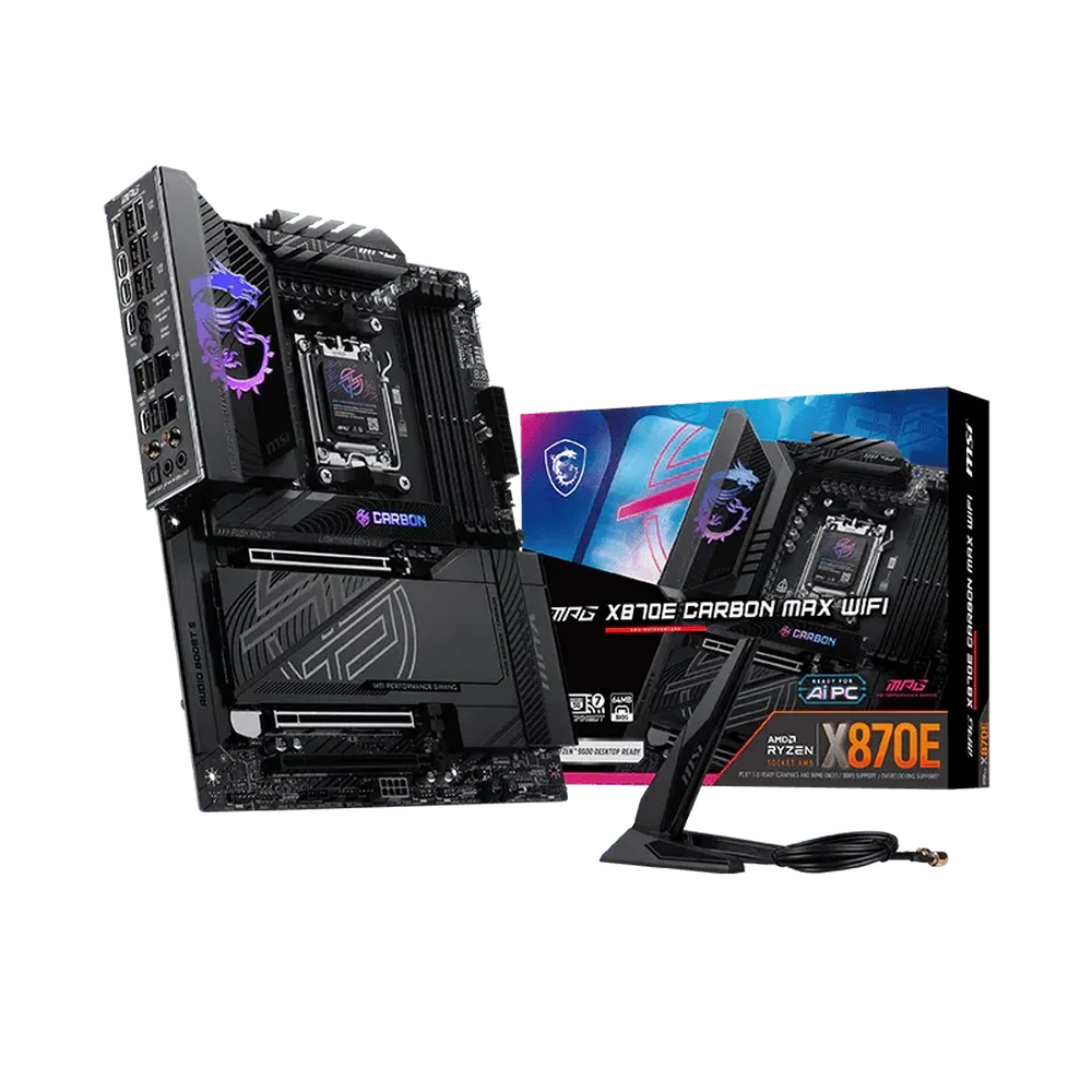 Материнская плата MSI MPG X870E CARBON MAX WIFI X870E, AM5, 4*DDR5, 3*PCIEx16, 4*M.2, 3*TypeC, 9*USB3.2Gen2, 4*USB3.2Gen1, 4*USB2.0, 4*SATA3.0, 5G, 2.5G, 2*Type-C(DP), HDMI, ATX, RTL