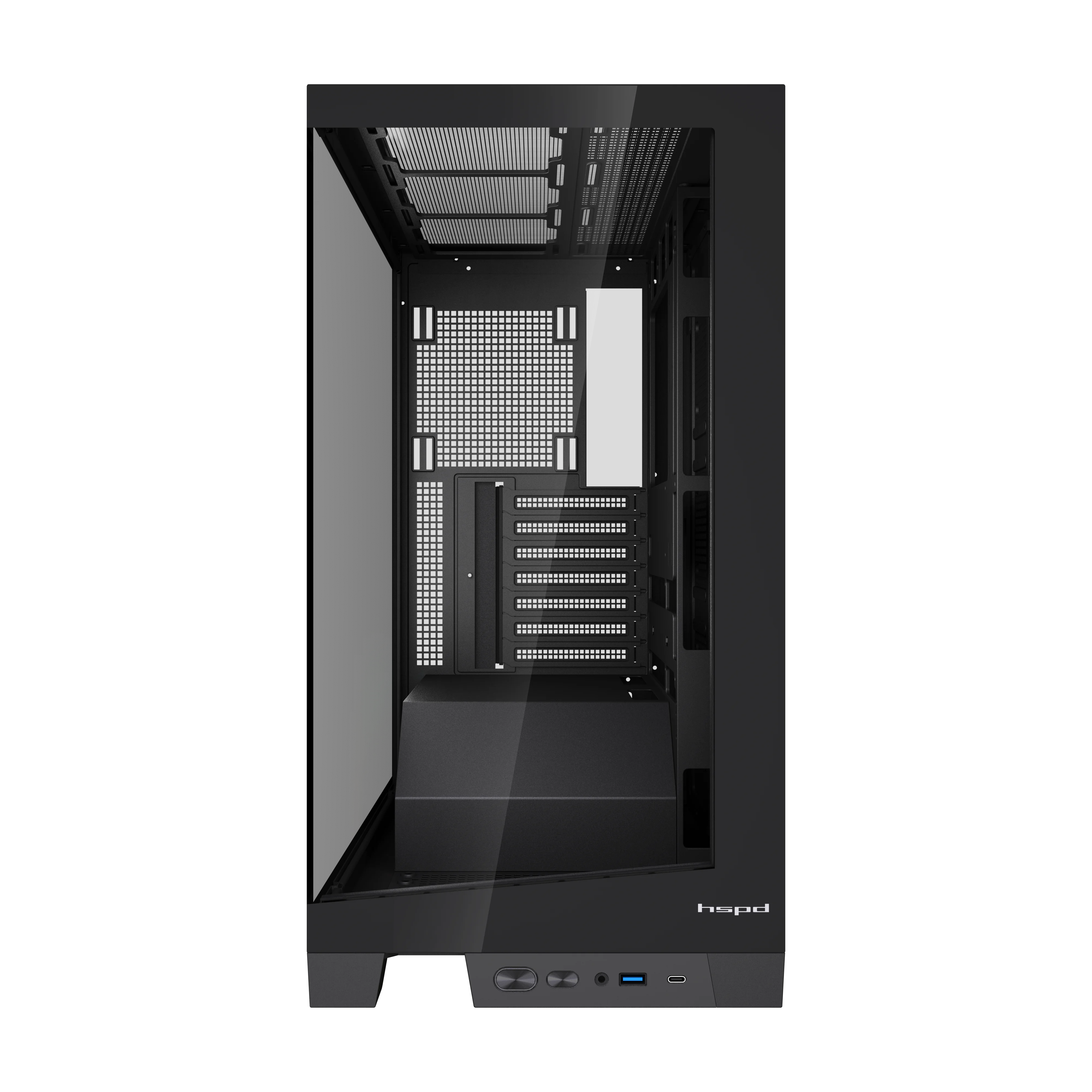 Корпус без блока питания/ Case HSPD F550, Mid Tower, Black, TG, 0.7 SPCC, no fans ATX, mATX, mITX 185/ 420/ 200mm 3x2.5", 3x3.5", 7xPCI 1xUSB-A 3.0, 1xUSB-C 433x245x473mm (F550-TGBK)