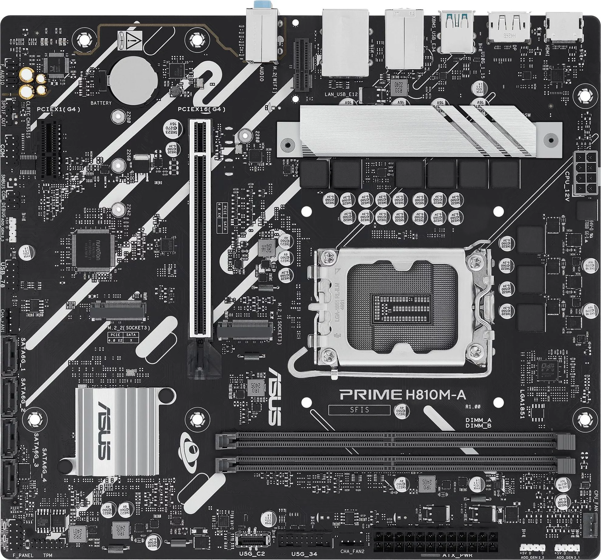 Материнская плата ASUS PRIME H810M-A-CSM, LGA1851, B810, 2*DDR5, 4*SATA, 2*M.2, 2*USB 3.2, 4*USB 2.0, 1*PCIx16, 1*PCIx1, HDMI+DP, mATX; 90MB1KK0-M0EAYC