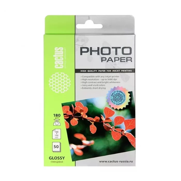 Фотобумага Cactus CS-GA618050 10x15/180г/м2/50л./белый глянцевое для струйной печати