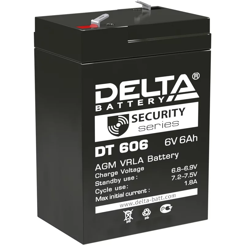 Батарея DELTA серия DT, DT 606, напряжение 6В, емкость 6Ач (разряд 20 часов), макс. ток разряда (5 сек.) 90А, макс. ток заряда 1.8А, свинцово-кислотная типа AGM, клеммы F1, ДxШxВ 70х48х101мм., вес 0.81кг., срок службы 5 лет./ Battery DELTA series DT, DT