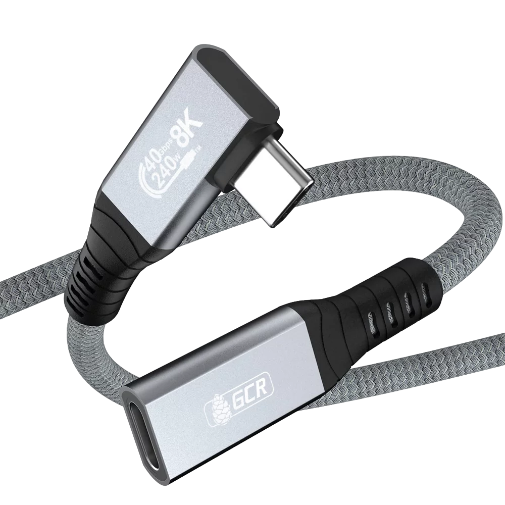 GCR PRO Удлинитель USB4 Type-C, 0.2m, угловой, 40Gbps, 240W, 8K60Hz, M/F, штекер Г-образный боковой, текстиль, серый, GCR-57136
