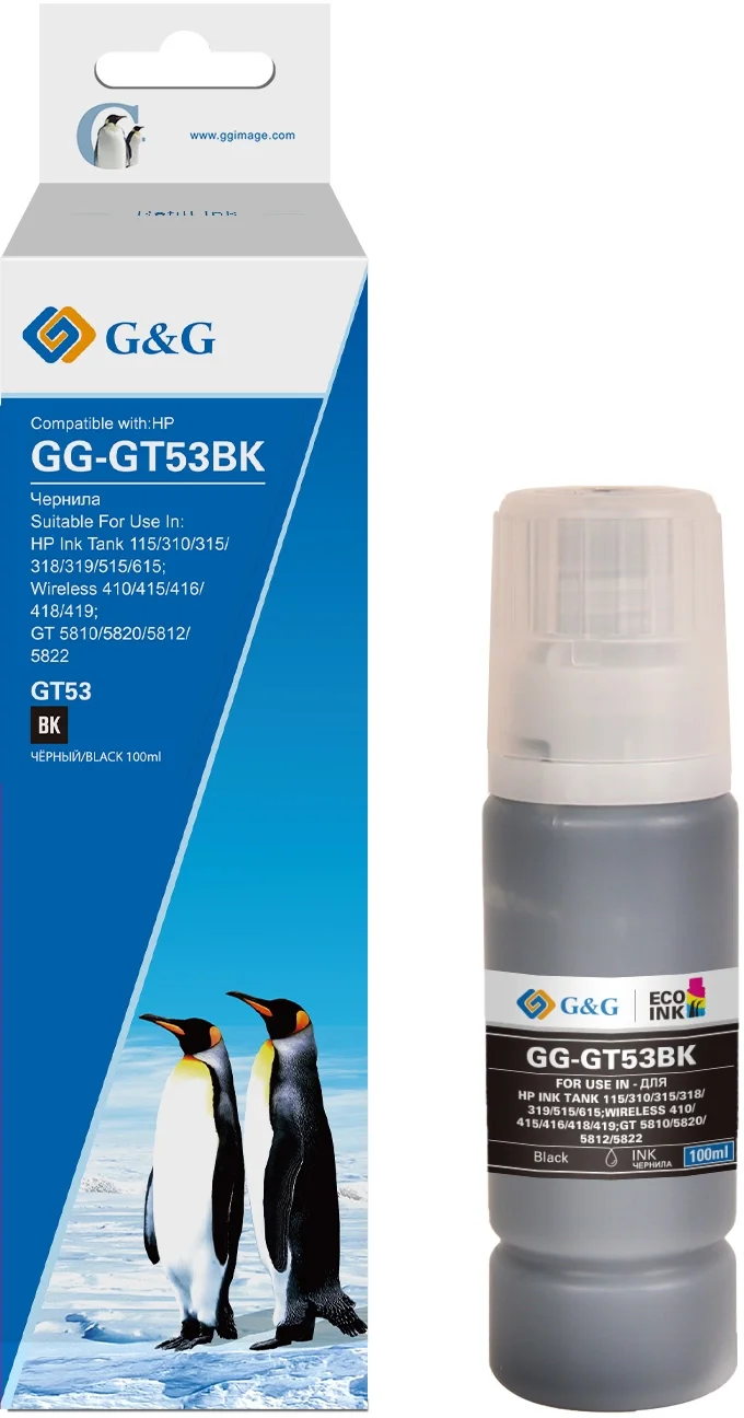 Чернила G&G GG-GT53BK черный100мл для HP Ink Tank 110/ 115/ 116/ 118/ 310/ 315/ 316/ 318/ 319/ 5