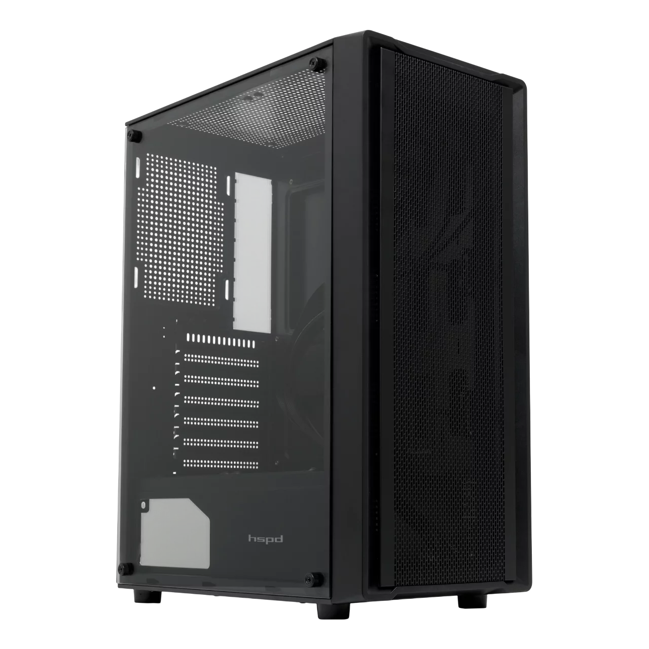 Корпус без блока питания/ Case HSPD M530, Mesh Mid Tower, Black, TG, 0.4 SPCC, no fans ATX, mATX, mITX 155/290/200mm 2x2.5", 2x3.5", 7xPCI 1xUSB-A 3.0, 2xUSB-A 1.0 335x193x445mm (M530-TGBK)