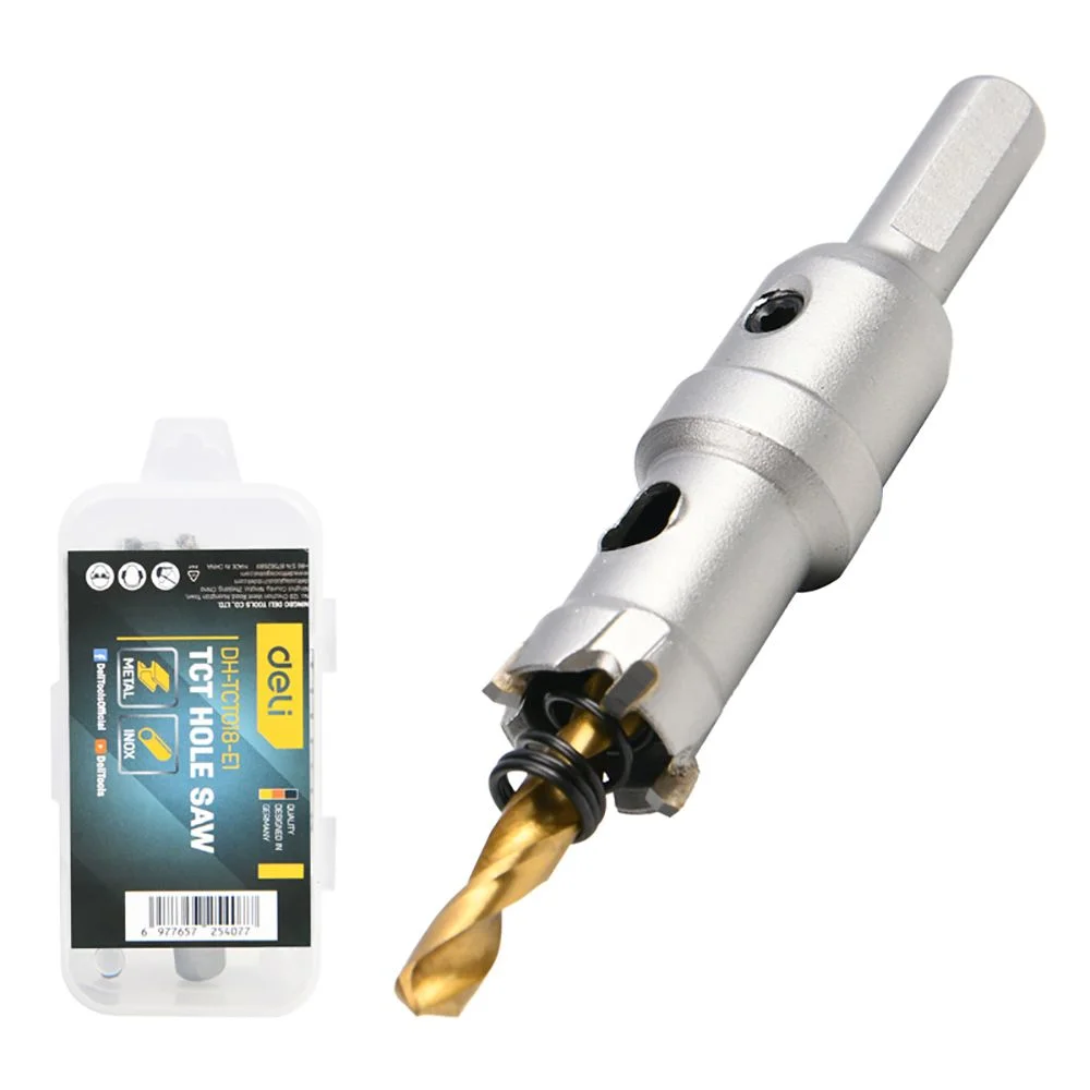 Коронка по металлу твердосплавная с центрирующим сверлом Deli DH-TCT018-E1 диаметр 18мм, шестигранный хвостовик