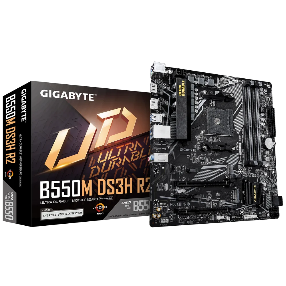 Материнская плата Gigabyte Bad Pack B550M DS3H R2, Socket AM4, AMD B550, 4xDDR4-3200, HDMI+DP, 2xPCI-Ex16, 1xPCI-Ex1, 4xSATA3(RAID 0/ 1/ 10), 1xM.2, 8 Ch Audio, GLan, (2+4)xUSB2.0, (4+2)xUSB3.2, (0+1)xUSB3.2 Type-C?? (B550M DS3H R2||BP)