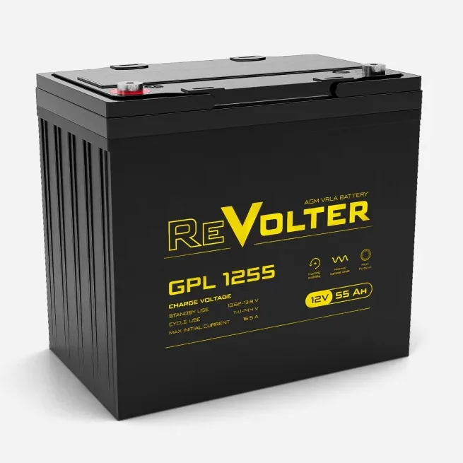 Батарея REVOLTER серия GPL, REVOLTER GPL 1255, напряжение 12В, емкость 55.6Ач (разряд 10 часов), макс. ток разряда (5 сек.) 550А, макс. ток заряда 16.5А, свинцово-кислотная типа AGM, клеммы под болт