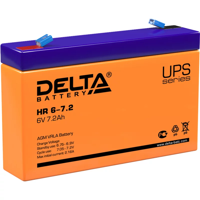 Батарея DELTA серия HR, HR 6-7,2, напряжение 6В, емкость 7.2Ач (разряд 20 часов), макс. ток разряда (5 сек.) 108А, макс. ток заряда 2.1А, свинцово-кисло? (HR 6-7.2)
