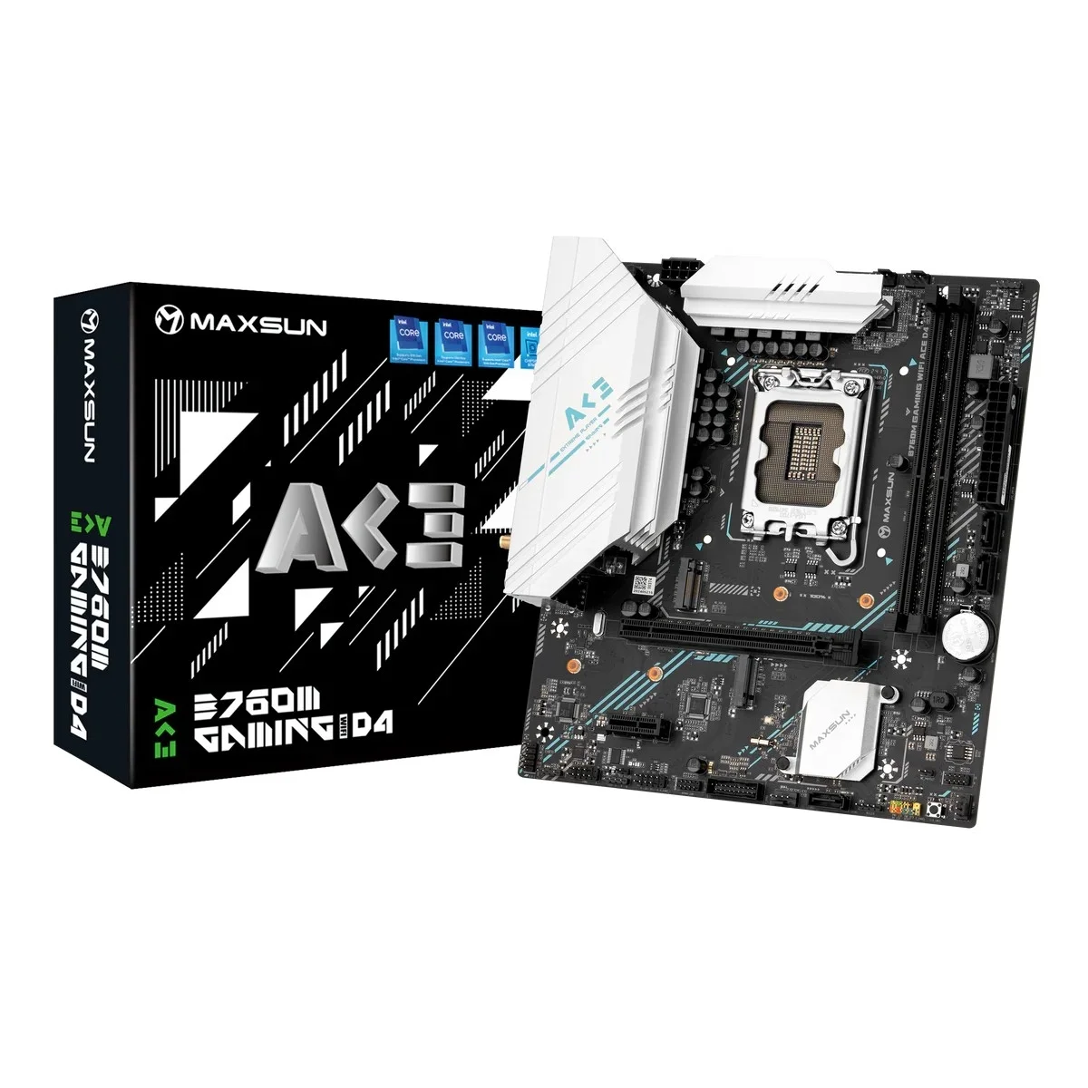 MAXSUN MS-B760M GAMING WIFI ACE D4 (Socket 1700, mATX, 2*DDR4(64b), DP/HDMI, 3*SATA3, 2*M.2, 1xPCI-E x16 /1xPCI-E x4, 2*USB 2.0, 4*USB 3.2 GEN2, LAN 1*1G, Bluetooth, Wi-Fi 802.11ax, RTL)
