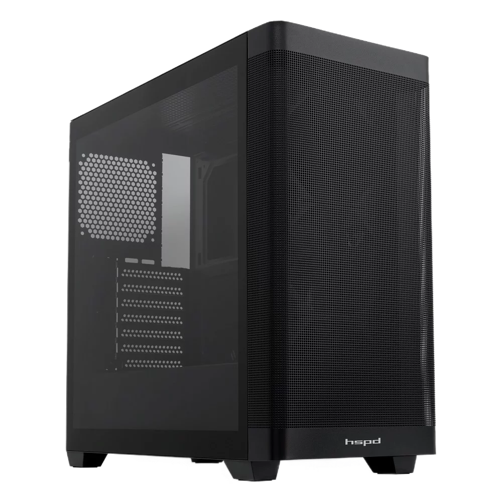 Корпус без блока питания/ Case HSPD M740, Mesh Mid Tower, Black, TG, 0.6 SPCC, no fans, E-ATX, ATX, mATX, mITX, 170/400/200mm, 4x2.5", 2x3.5", 7xPCI, 1xUSB-A 3.0, 1xUSB-C 3.0, 460x218x450mm (M740-TGBK)