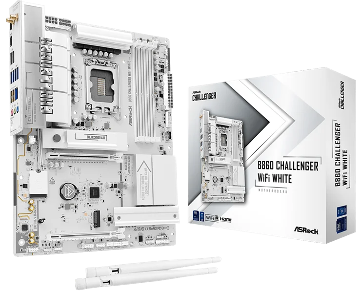 Материнская плата ASROCK B860 Challenger WiFi White, LGA1851, B860, 4*DDR5, 4*SATA, 4*M.2, 4*USB 3.2, 2*USB 2.0, Type-C, 2*PCIx16, 1*M.2 (Key E), HDMI, ATX