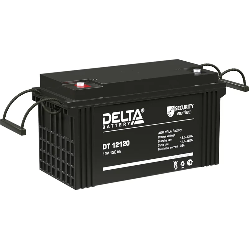 Батарея DELTA серия DT, DT 12120, напряжение 12В, емкость 120Ач (разряд 20 часов), макс. ток разряда (5 сек.) 1000А, макс. ток заряда 36А, свинцово-кислотная типа AGM, клеммы под болт М8, ДxШxВ 410х176х224мм., вес 32кг., срок службы 7-10 лет./ Battery DE