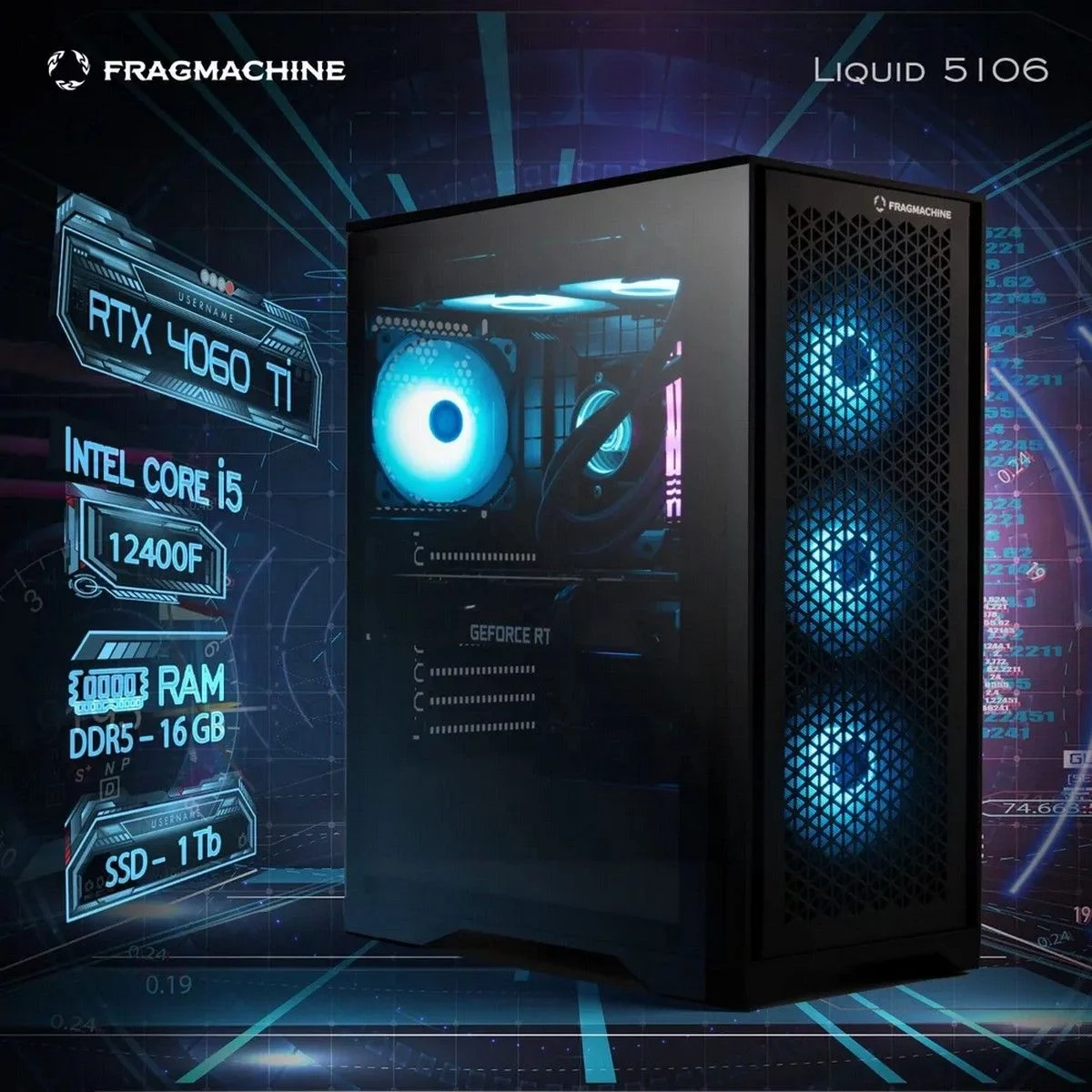 Компьютер FragMachine Bad Pack Liquid 5106 (i5-12400F, DDR5 16GB, SSD 1Tb, RTX 4060Ti, noOS) (L5124R4060T||BP)