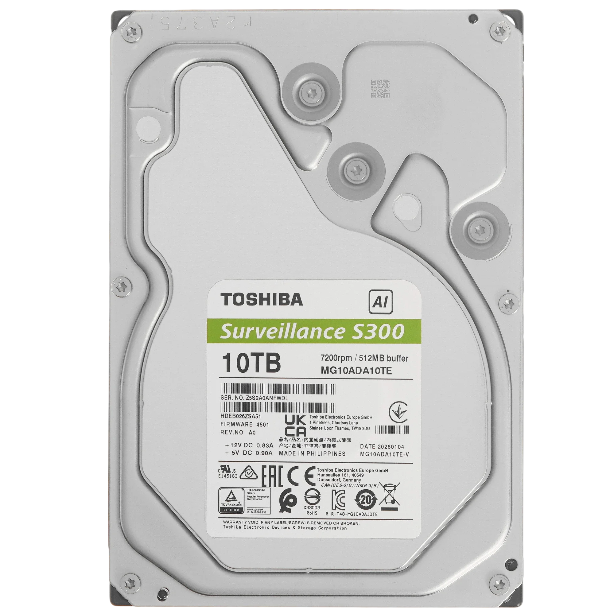 Жесткий диск/ HDD Toshiba SATA3 10Tb S300 AI Surveillance (CMR) 7200 512Mb 1 year warranty (replacement ST10000VE001, WD102PURP) (MG10ADA10TE-V)