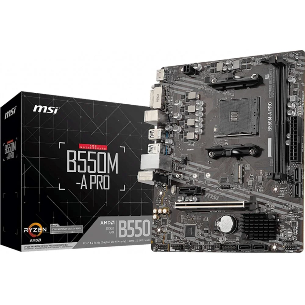 Материнская плата MSI B550M-A PRO, Socket AM4, AMD® B550, 2xDDR4-4600, HDMI+DVI-D, 1xPCI-Ex16x, 1xPCI-Ex1x, 4xSATA3(RAID 0/ 1/ 10), 1xM.2, 8 Ch Audio, GLan, (2+4)xUSB2.0, (4+2)xUSB3.2, 2xPS/ 2, mATX, RTL