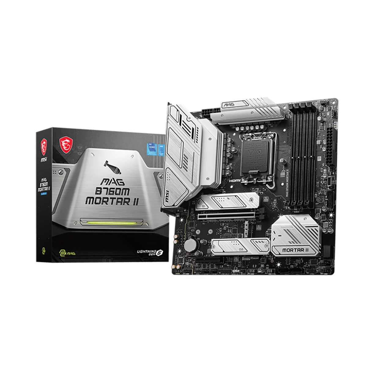 Материнская плата MSI MAG B760M MORTAR II B760, LGA1700, 4*DDR5, 1*PCIEx16, 1*PCIEx4, 3*M.2, 2*TypeC, 3*USB3.2Gen2, 2*USB3.2Gen1, 8*USB2.0, 4*SATA3.0, 2.5G, DP, HDMI, M-ATX, RTL