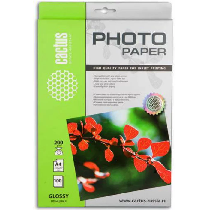 Фотобумага Cactus CS-GA4200100 A4/200г/м2/100л. глянцевая для струйной печати