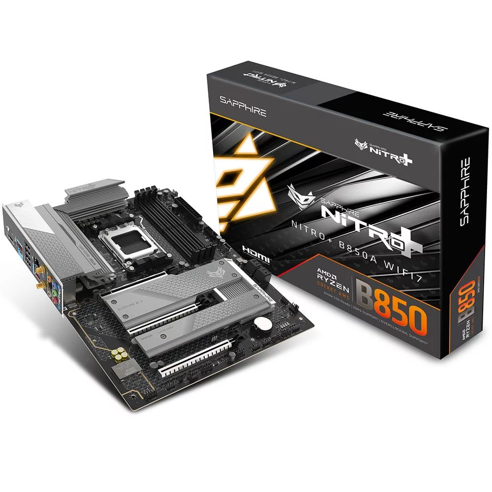 Материнская плата Sapphire B850A NITRO+ WIFI7 B850, AM5, 4*DDR5, 3*PCIEx16, 3*M.2, 2*TypeC, 3*USB3.2Gen2, 2*USB3.2Gen1, 6*USB2.0, 4*SATA3.0, 2.5G, DP, HDMI, ATX, RTL (52123-03-40G)